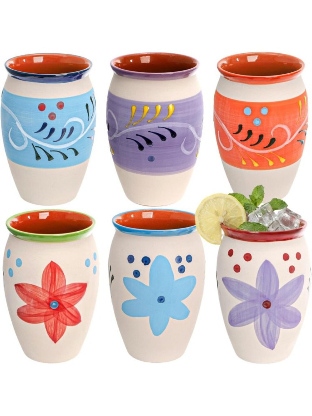 Hand-Painted Clay Cantaritos Cups - Set of 6, 12 Oz Colorful Drinking Mugs